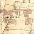 Die Ortsmitte von Birkefehl auf dem Urkataster aus dem Jahr 1838. Teilweise sind sogar die Grundstückseigentümer eingetragen.
