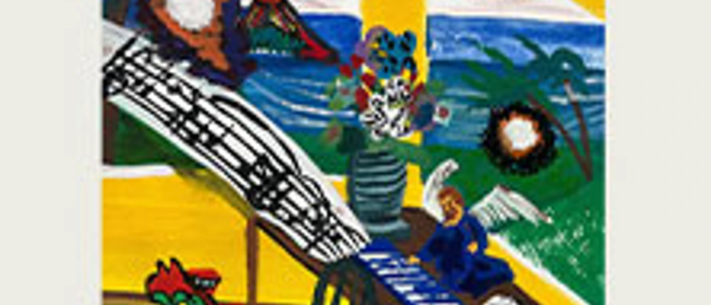 Father John Misty Performance-Plakat mit farbenfrohen, surrealen Illustrationen.