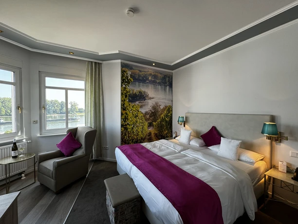 Rheinhotel Nierstein - Hotel rooms Hotel room with view of the Rhine and mural.