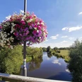 Löwenbrücke Neustadt a. Rbge. Blumenampel auf Brücke über ruhigen Fluss, umgeben von grünen Bäumen und blauem Himmel