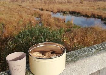 Punschfahrt MoorIZ Ahlenmoor Keksdose und Mehrwegbecher auf Holzgeländer mit Blick über herbstliche Moorlandschaft und Wasserflächen.