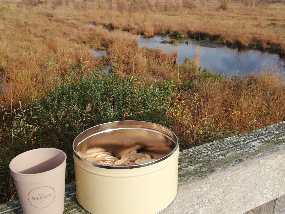 Punschfahrt MoorIZ Ahlenmoor Keksdose und Mehrwegbecher auf Holzgeländer mit Blick über herbstliche Moorlandschaft und Wasserflächen.