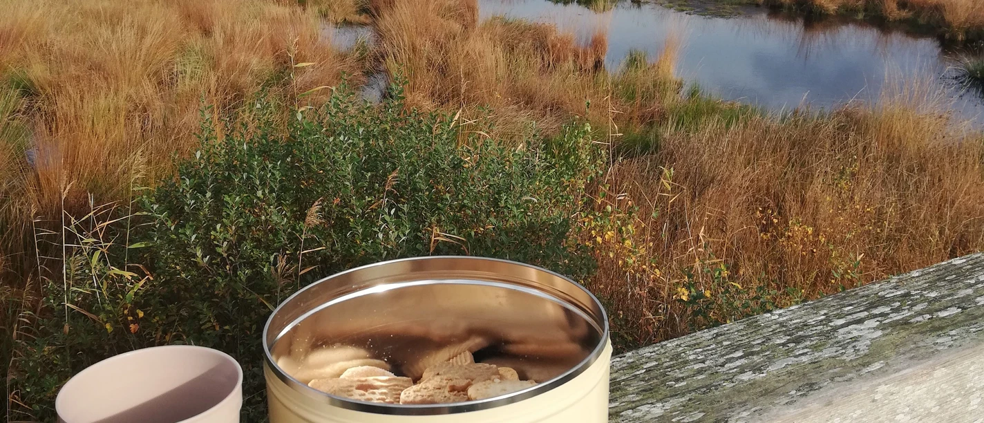 Punschfahrt MoorIZ Ahlenmoor Keksdose und Mehrwegbecher auf Holzgeländer mit Blick über herbstliche Moorlandschaft und Wasserflächen.
