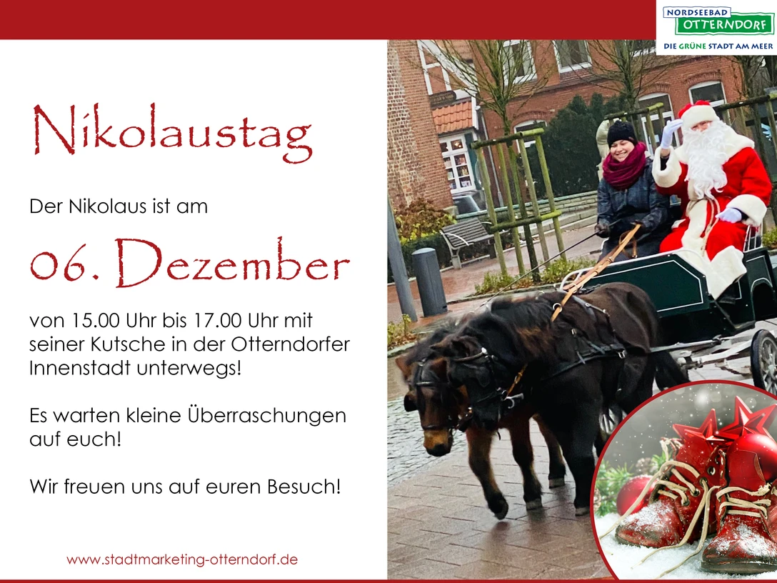 Nikolaus-Aktion Nikolaus fährt in Otterndorf in einer Pferdekutsche durch die Innenstadt und winkt fröhlich.