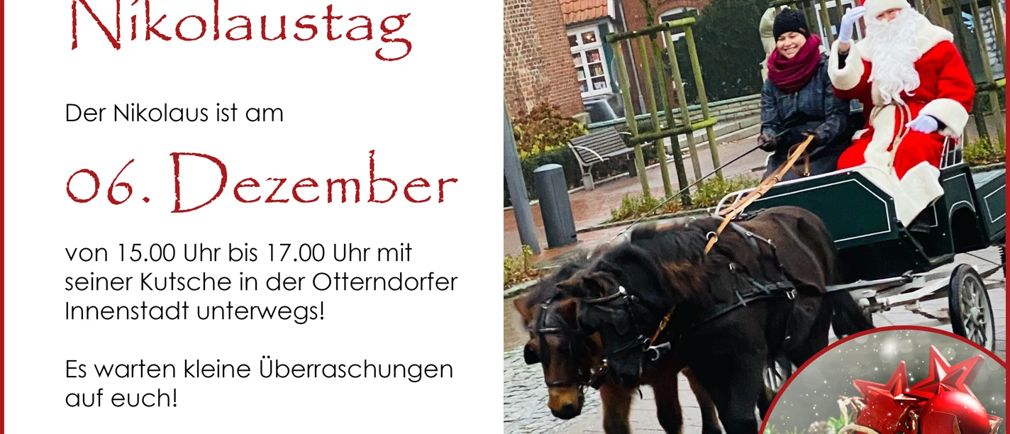 Nikolaus-Aktion Nikolaus fährt in Otterndorf in einer Pferdekutsche durch die Innenstadt und winkt fröhlich.