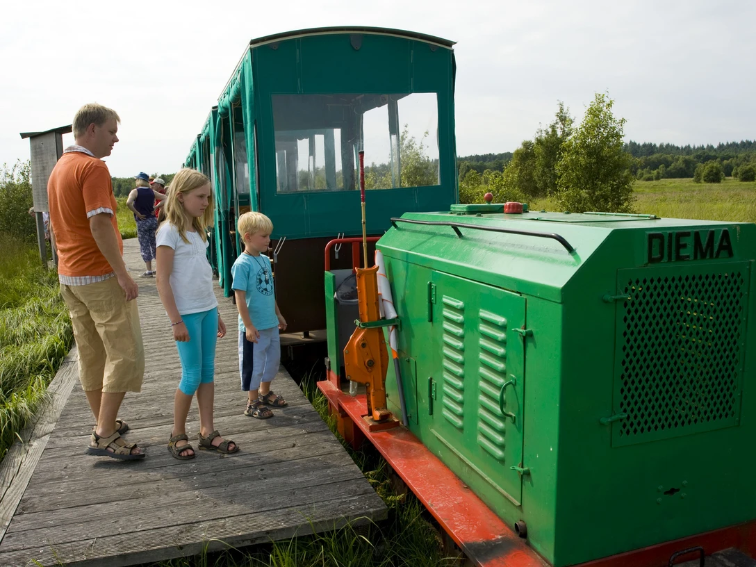 Kurze Moorbahnfahrt Ahlenmoor Familie betrachtet grüne Moorbahn im Wannaer Moor, umgeben von Holzsteg und weiter Moorlandschaft.