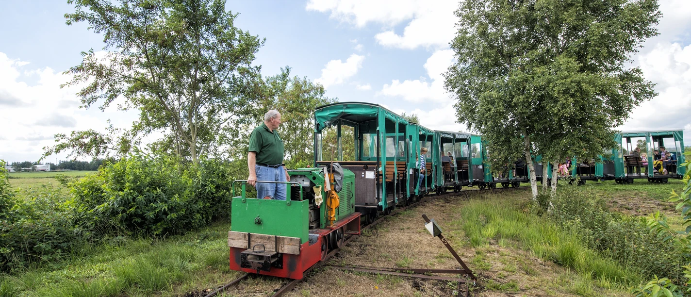 Moorbahn Ahlenmoor Grüne Moorbahn mit offenen Waggons fährt durch eine Moorlandschaft mit Wiesen, Bäumen und blauem Himmel.