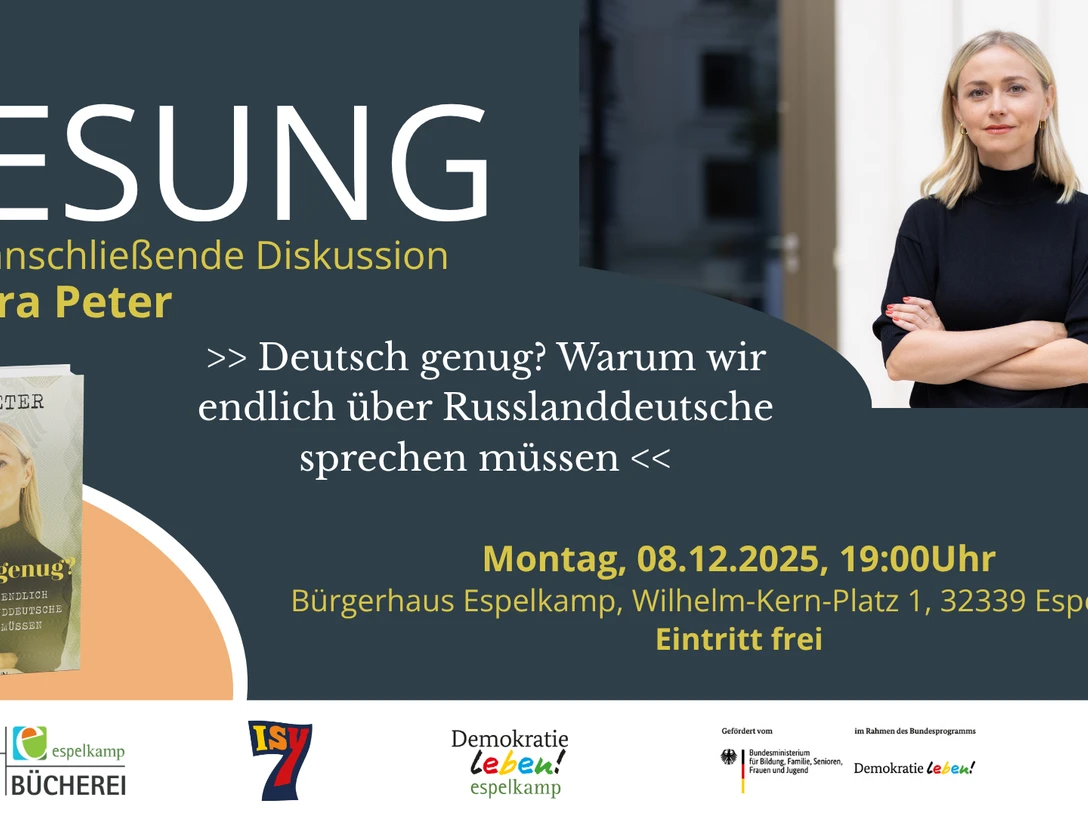 Ira Peter ist am 8. Dezember zu Gast in Espelkamp Werbeplakat zur Lesung mit Ira Peter in Espelkamp zum Thema Russlanddeutsche am 8.12.2025.