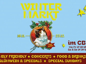 Winter market-in-CBE Der Wintermarkt im CBE präsentiert farbenfrohe Banner mit Illustrationen und Ankündigungen von Events.The winter market in the CBE presents colorful banners with illustrations and announcements of events.