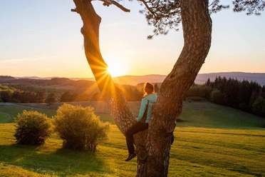 Frau genießt den Sonnenuntergang auf dem Kornberg bei Dillenburg