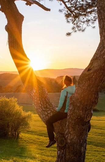 Frau genießt den Sonnenuntergang auf dem Kornberg bei Dillenburg