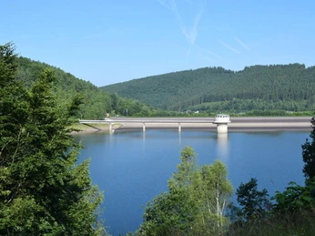 Blick auf den Damm und Entnahmeturm der Talsperre