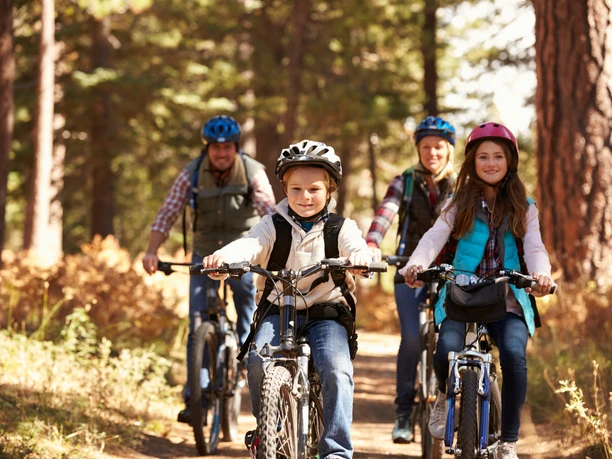 Family mountain biking on forest trail, front view