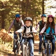 Family mountain biking on forest trail, front view Family mountain biking on forest trail, front view