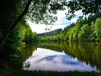Der Rösper Weiher liegt nahe des Weges und bietet Ruhe und Platz zum Rasten.