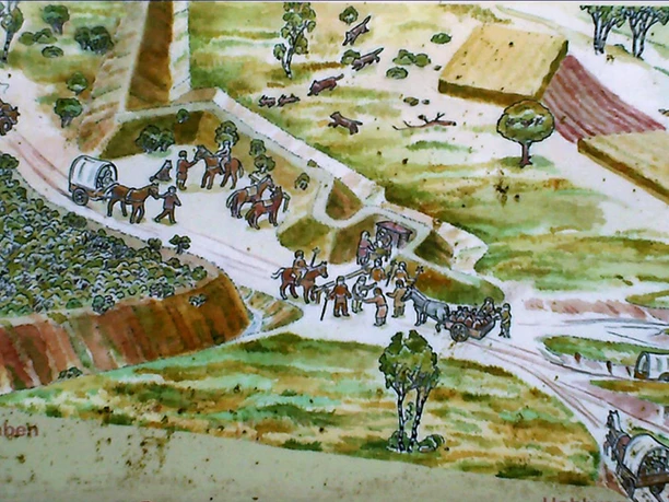 Die Zeichnung zeigt die Situation am Krombacher Schlag vor ca. 200 Jahren.