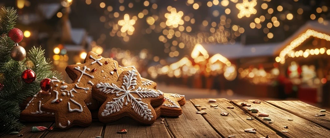 Weihnachtsmarkt Im Hintergrund sieht man einen Weihnachtsmarkt mit verschiedenen leuchtenden Girlanden, im Vordergrund steht eine Holztisch mit verzierten Lebkuchenplätzchen und einem geschmückten Tannenbaum in Rot und Gold