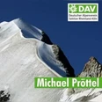 Verschneite Bergkuppe mit Logo des Deutschen Alpenvereins und Text "Michael Pröttel".