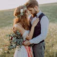 Beautiful bride and groom at sunset in green nature. Beautiful bride and groom at sunset in green nature.