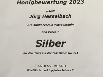 Urkunde für Honigbewertung in 2023