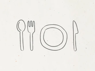 Symbolbild Gastronomie Skizze von Besteck und Teller auf hellem Hintergrund, angeordnet wie bei einer Tischdeckung.