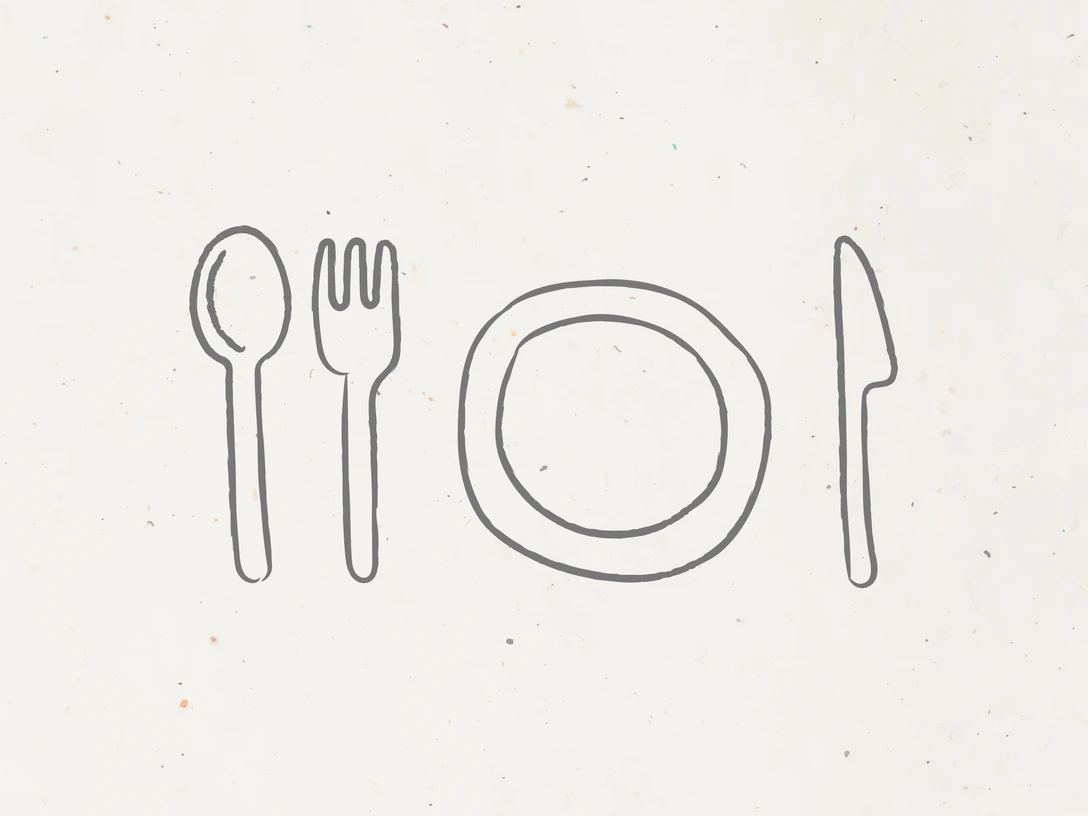 Symbolbild Gastronomie Skizze von Besteck und Teller auf hellem Hintergrund, angeordnet wie bei einer Tischdeckung.
