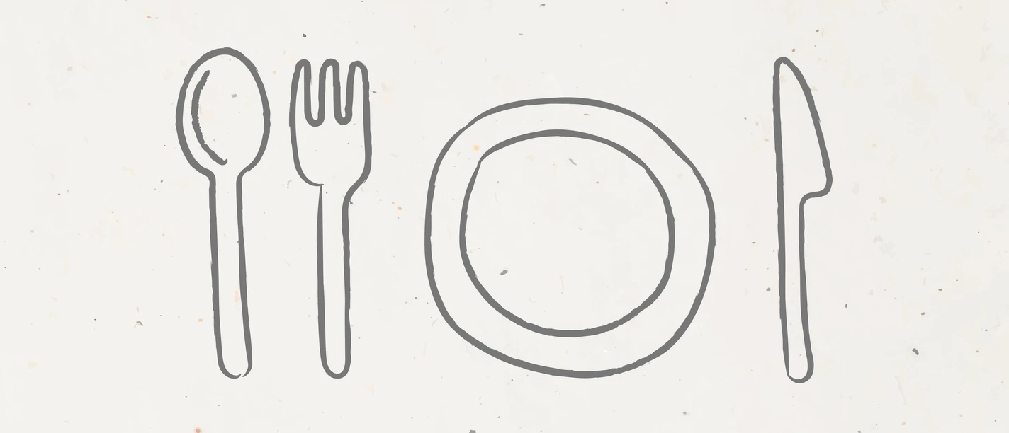 Symbolbild Gastronomie Skizze von Besteck und Teller auf hellem Hintergrund, angeordnet wie bei einer Tischdeckung.