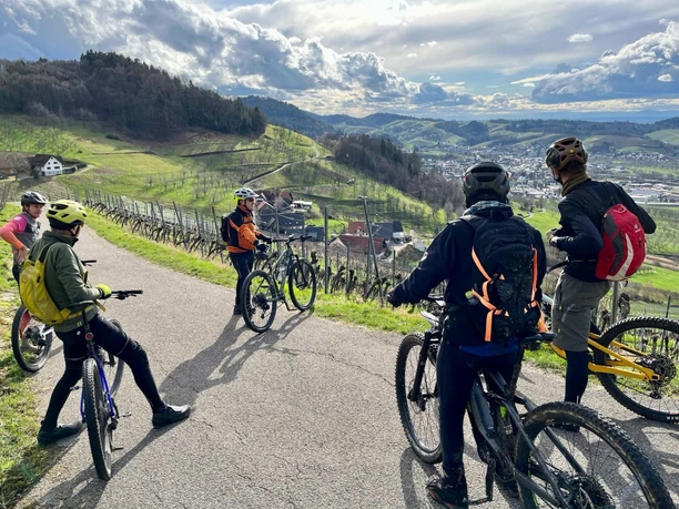 Mountainbikegruppe mit Ausblick in die Reben
