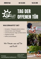 Tag der offenen Tür Plakat A4 mit Fotos und grafische Elementen in gelb und blau Farben.png