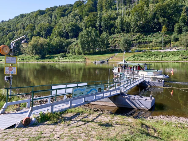 Anleger Schmilka Fähre Fähre am Flussufer mit Personen, die auf das Einsteigen warten, umgeben von grünen Hügeln.