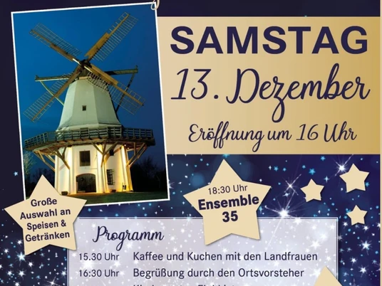 Tonnenheider Dorfweihnacht.jpg Plakat zur Tonnenheider Dorfweihnacht mit Programmübersicht und beleuchteter Windmühle bei Nacht.