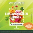 2026_GT LIN_FacebookPost_1080x1080px.jpg Grüne Werbegrafik mit buntem Blumenstrauß und Schriftzug Gartenträume Emslandhallen Lingen.