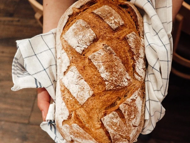 frisches Brot_Bäckerei Ripken.jpeg Frisch gebackenes Brot mit goldbrauner Kruste wird in einem Tuch auf Händen gehalten.