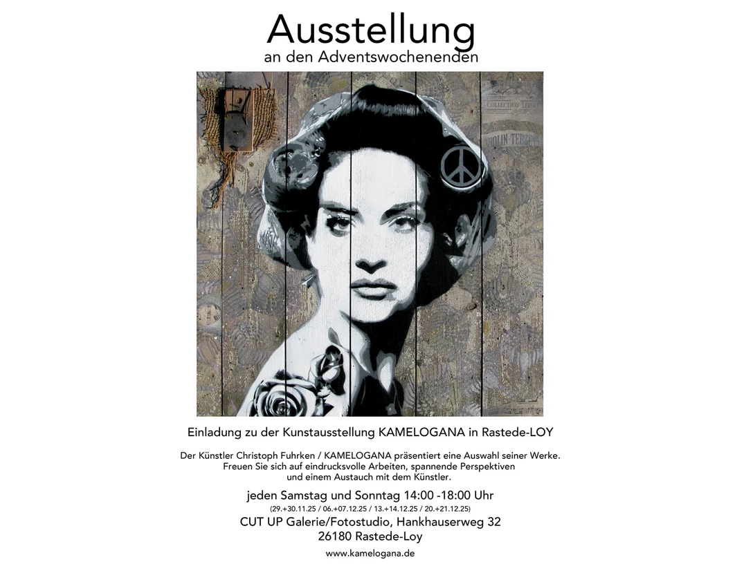 Titelbild zur Ausstellung Porträt einer Frau mit Friedenzeichen im Haar, auf Holz gemalt, Werbemotiv der Kunstausstellung.