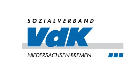 VdK Logo.png Logo des Sozialverbands VdK Niedersachsen-Bremen mit blauer Schrift und grauem Querbalken