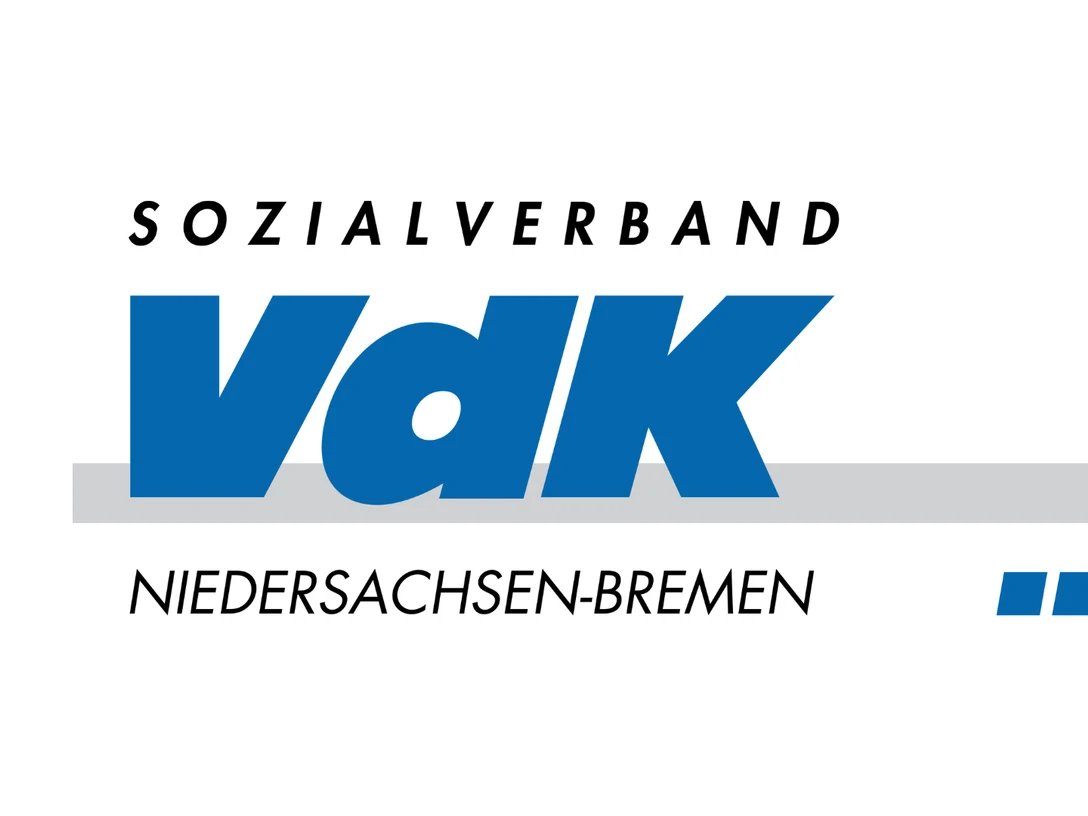 VdK Logo.png Logo des Sozialverbands VdK Niedersachsen-Bremen mit blauer Schrift und grauem Querbalken