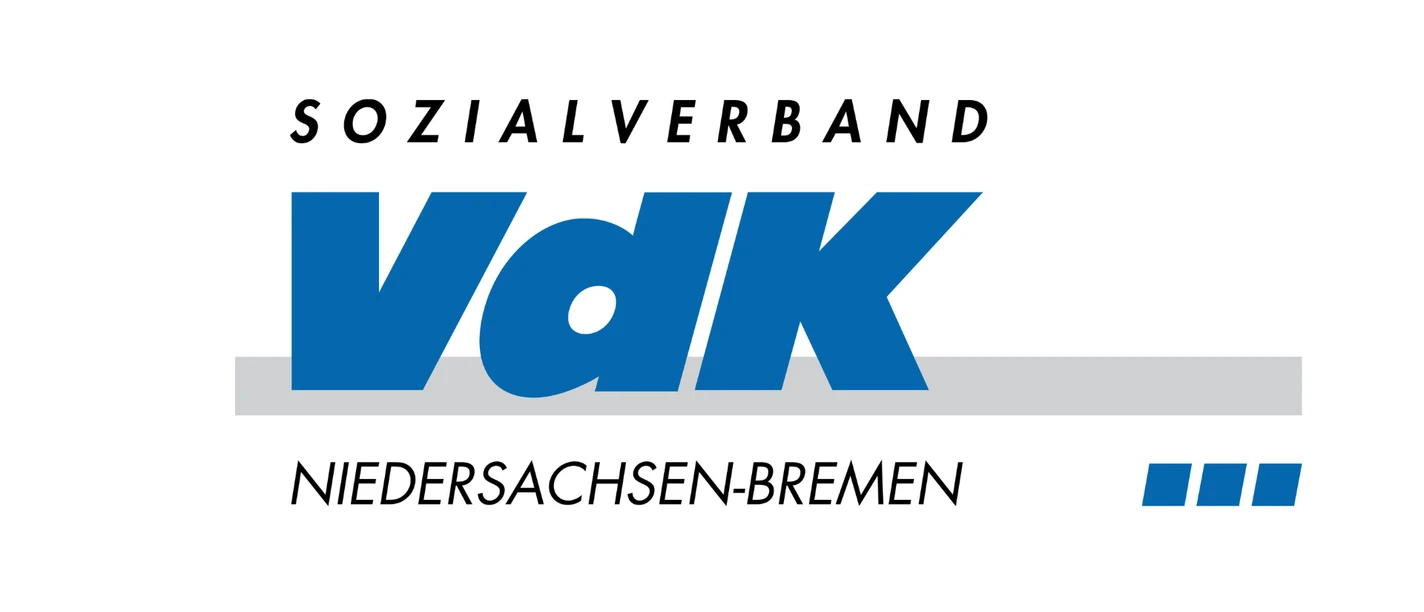 VdK Logo.png Logo des Sozialverbands VdK Niedersachsen-Bremen mit blauer Schrift und grauem Querbalken