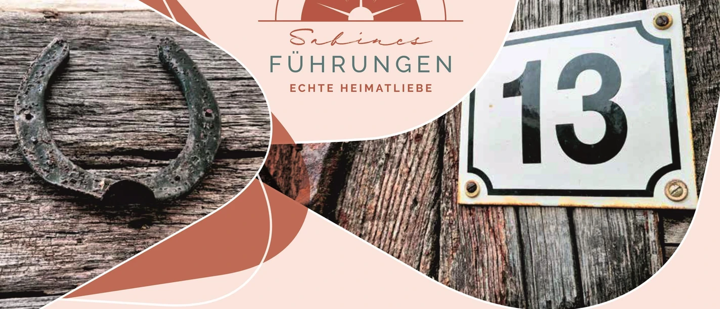 Collage mit Hufeisen, Hausnummer 13 und Logo von Sabines Führungen