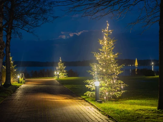 lichterwochen-kurpark-leuchturm-eiden.jpg Beleuchteter Weg mit festlich geschmückten Tannen im Kurpark, im Hintergrund das Zwischenahner Meer.