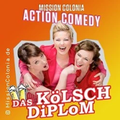 Drei lachende Personen in bunten Outfits bei einer Comedy-Show, Titel "Das Kölsch Diplom".