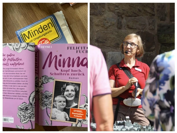 Auf dem Bild sieht man rechts das Buch Minna und links die Gästeführerin Betina Hofmann.