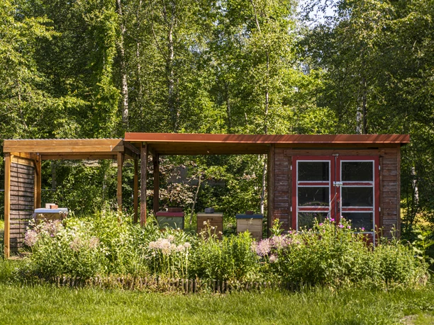 Bibelgarten Twist, Garten des Nazareners, Honig ©TMN GmbH, Sabine Braun Fotografie-2 Holzhütte mit Bienenkästen, blühenden Pflanzen und Bäumen im sonnigen Bibelgarten Twist