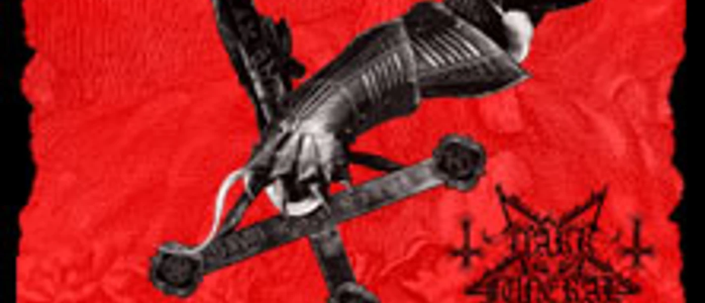 Rotes Tourposter mit düsterer Figur auf einem Kreuz und Logos von Behemoth und Dimmu Borgir.