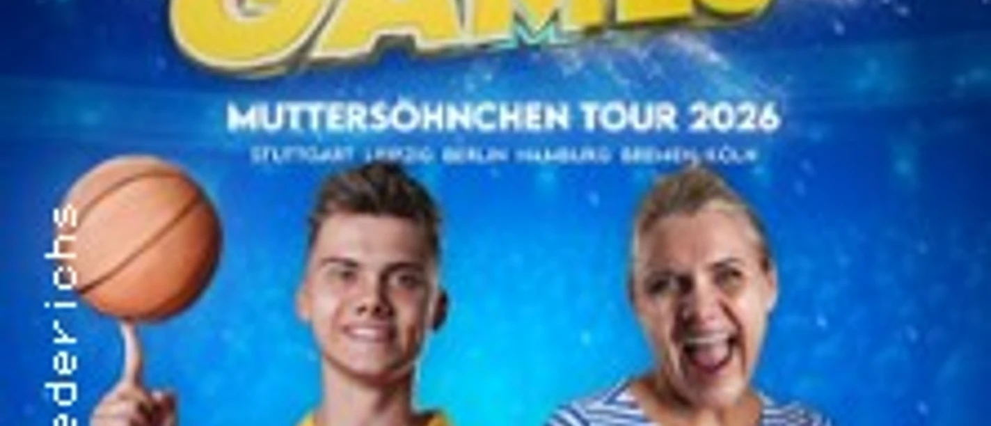 Zwei Personen vor einem blauen Hintergrund, halten Basketball und Tischtennisschläger.