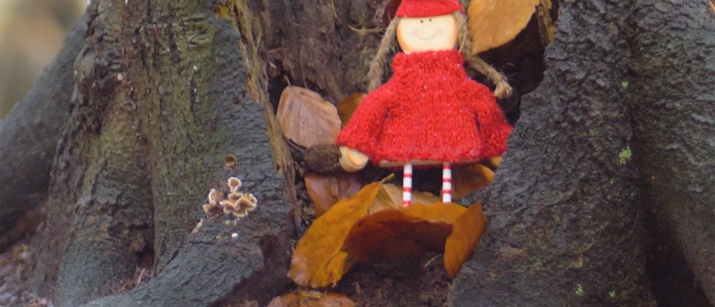 Weihnachtswaldweg Zwei kleine Weihnachtswichtel in roten Mützen sitzen zwischen Baumwurzel und Herbstlaub im Wald.