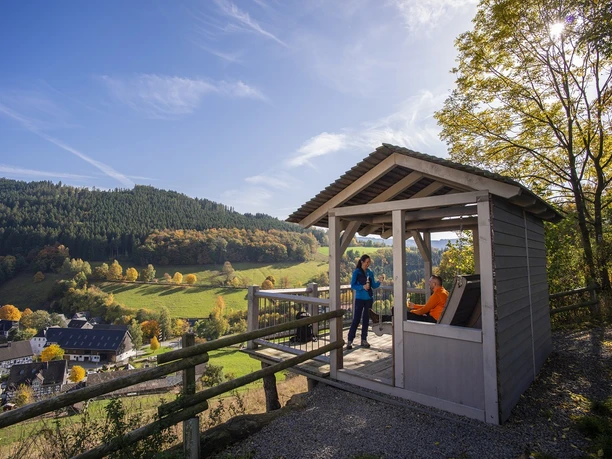 Häuschen mit Waldschaukel oberhalb von Niedersorpe auf der Rothaarsteig-Spur Sorper-Panoramapfad
