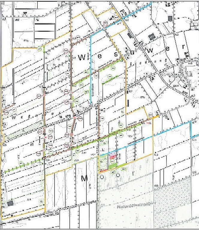 Karte.jpg Übersichtskarte von Wiesmoor mit Flurgrenzen, Wegen, geplanten Maßnahmen und Schutzgebieten