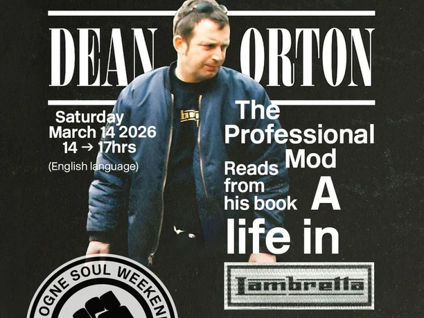 The-professional-mod A man in a dark blue jacket stands in front of a collage of texts and graphics. The poster advertises a reading by Dean Orton as part of the Cologne Soul Weekender.