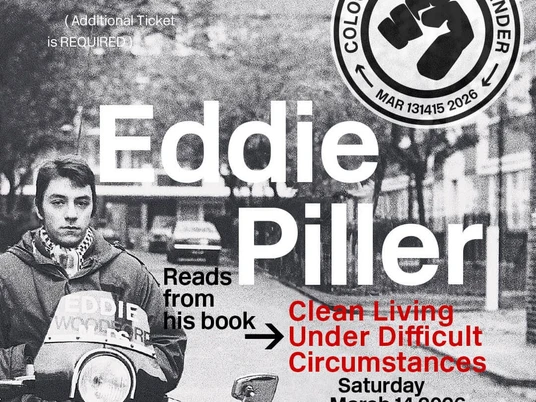 Eddie Piller Eddie Piller sitzt entspannt auf einem Motorroller. Das Plakat wirbt für dessen Lesung in Köln im Rahmen des Cologne Soul Weekender wirbt.Eddie Piller sits relaxed on a scooter. The poster advertises his reading in Cologne as part of the Cologne Soul Weekender.
