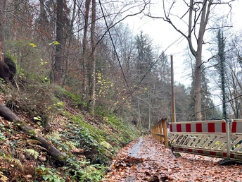 Behelfssteg im Hirschgrund über die durch Unwetter zerstörte Straße